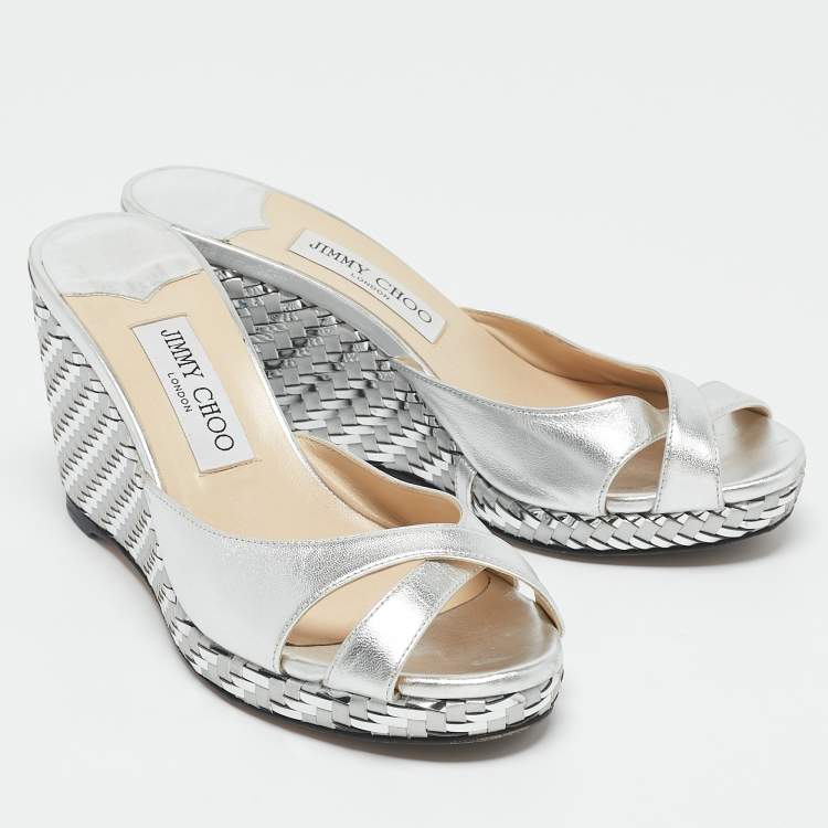Pre Owned Jimmy Choo Silver Leather Prima Wedge Sandals Size 38.5