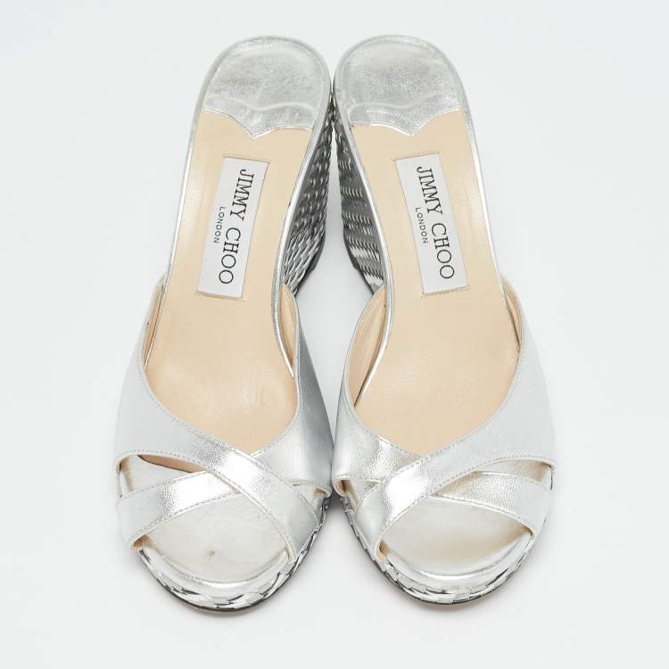 Pre Owned Jimmy Choo Silver Leather Prima Wedge Sandals Size 38.5