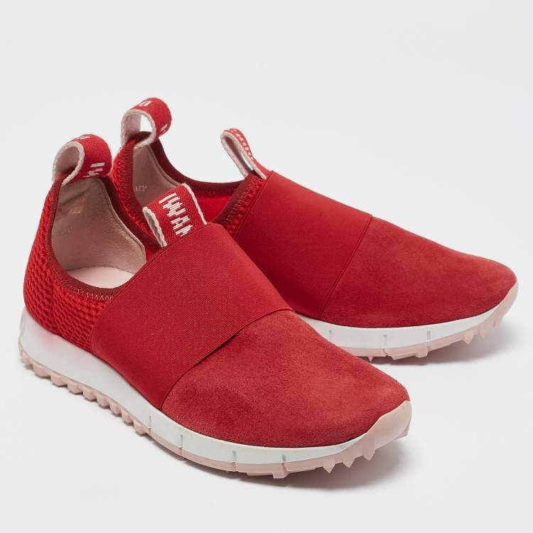 Pre Owned Jimmy Choo Red Suede and Mesh Oakland Low Top Sneakers Size 36