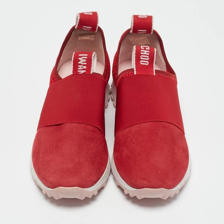 Pre Owned Jimmy Choo Red Suede and Mesh Oakland Low Top Sneakers Size 36