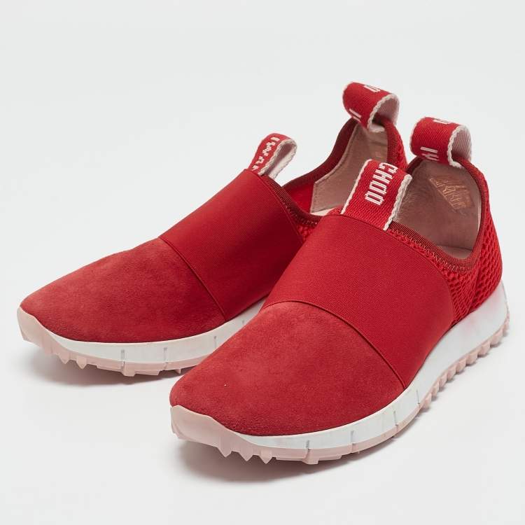 Pre Owned Jimmy Choo Red Suede and Mesh Oakland Low Top Sneakers Size 36