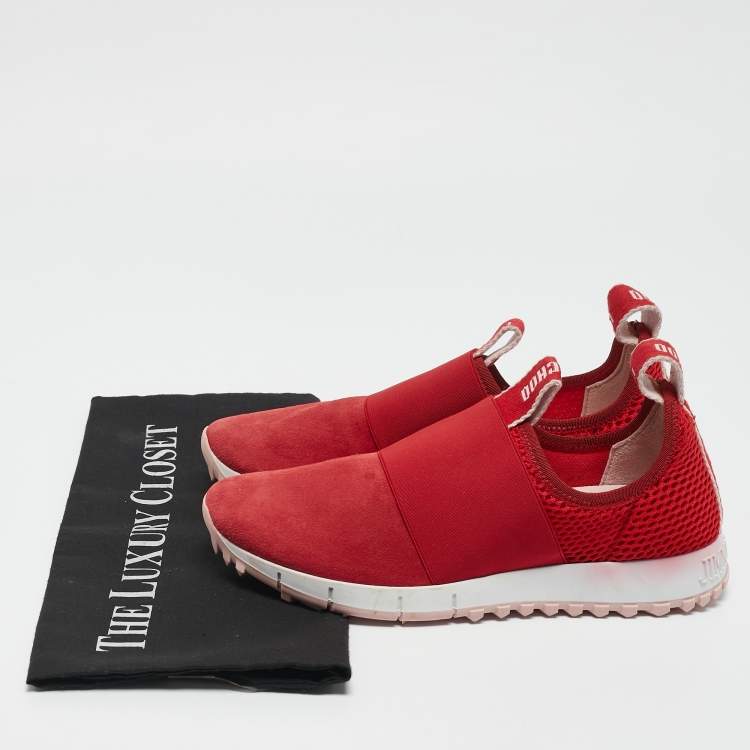 Pre Owned Jimmy Choo Red Suede and Mesh Oakland Low Top Sneakers Size 36