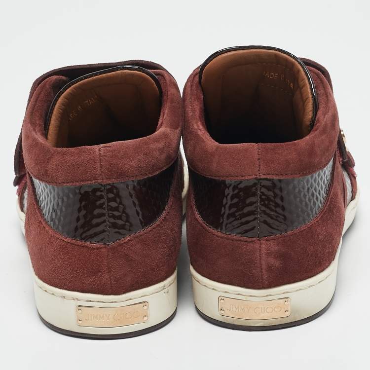 Pre Owned Jimmy Choo Burgundy Suede and Patent Leather Trainers Low Top Sneakers 38.5