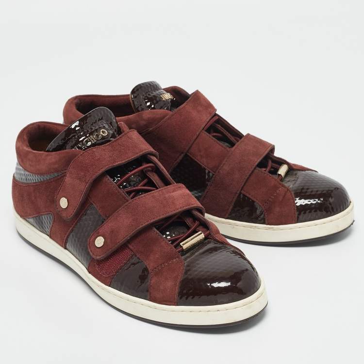 Pre Owned Jimmy Choo Burgundy Suede and Patent Leather Trainers Low Top Sneakers 38.5