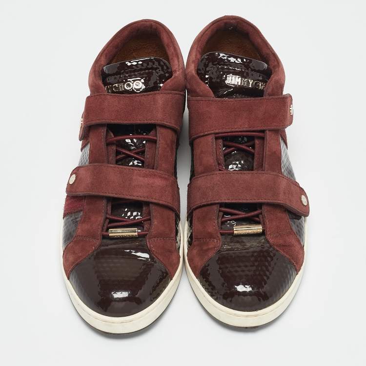 Pre Owned Jimmy Choo Burgundy Suede and Patent Leather Trainers Low Top Sneakers 38.5