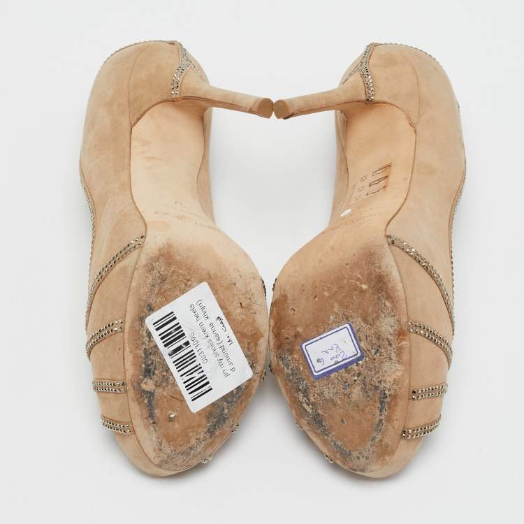 Pre Owned Jimmy Choo Beige Suede Crystal Embellished Kalpa Pumps Size 37