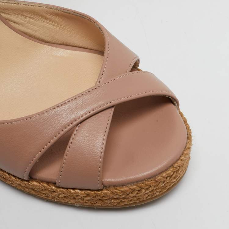 Pre Owned Jimmy Choo Beige Leather Alanah Cork Wedge Espadrille Sandals Size 39