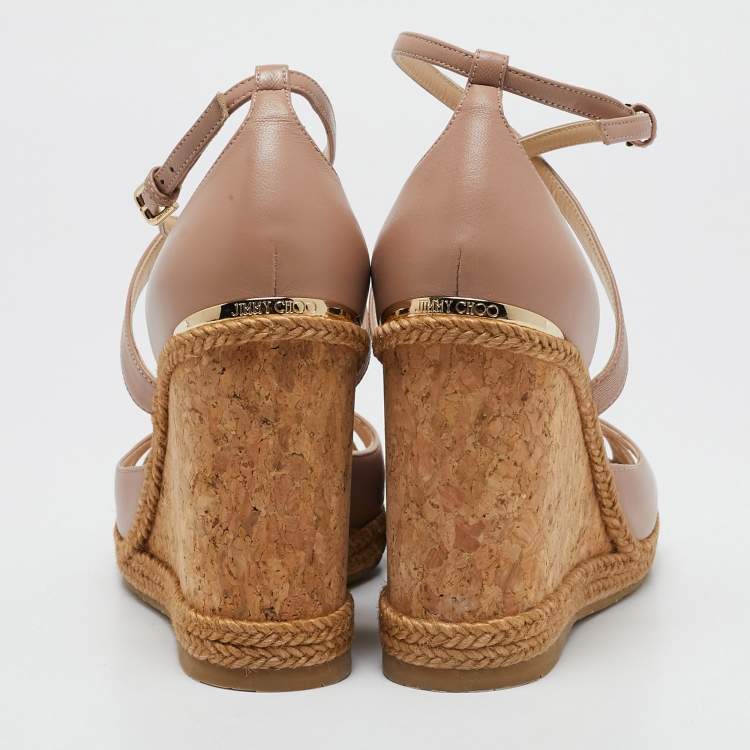 Pre Owned Jimmy Choo Beige Leather Alanah Cork Wedge Espadrille Sandals Size 39