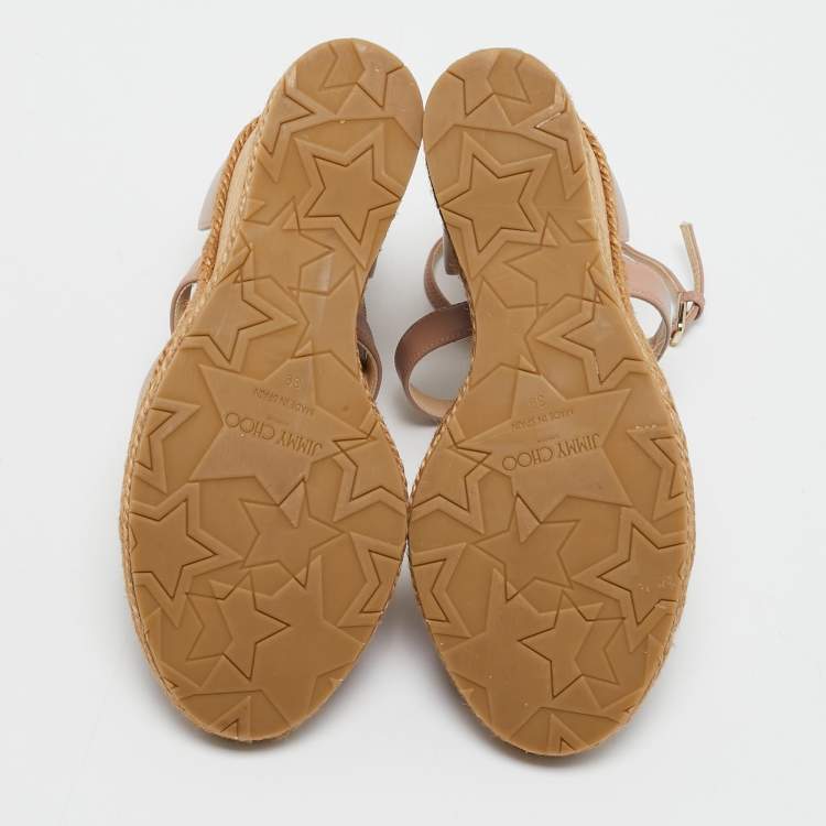Pre Owned Jimmy Choo Beige Leather Alanah Cork Wedge Espadrille Sandals Size 39