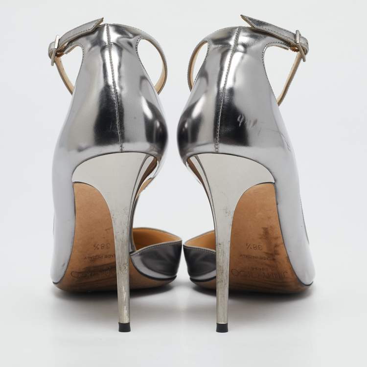 Pre Owned Jimmy Choo Silver Leather Lucy Ankle Strap Pointed Toe D'orsay Pumps Size 38.5