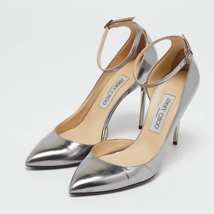 Pre Owned Jimmy Choo Silver Leather Lucy Ankle Strap Pointed Toe D'orsay Pumps Size 38.5