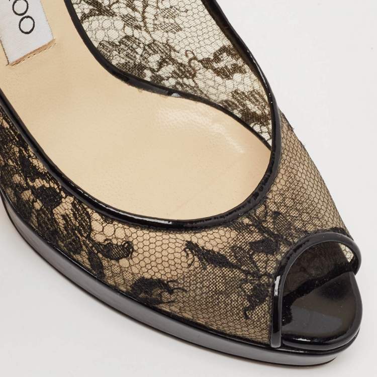 Pre Owned Jimmy Choo Black Lace and Patent Leather Nova Slingback Pumps Size 37