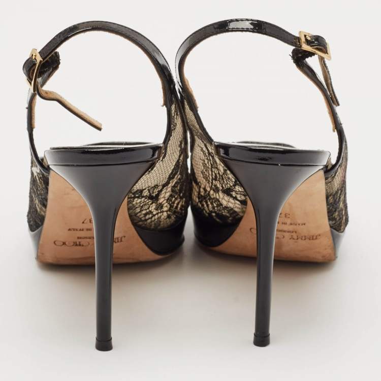 Pre Owned Jimmy Choo Black Lace and Patent Leather Nova Slingback Pumps Size 37