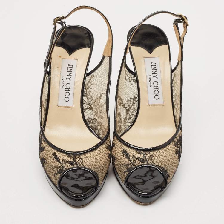 Pre Owned Jimmy Choo Black Lace and Patent Leather Nova Slingback Pumps Size 37