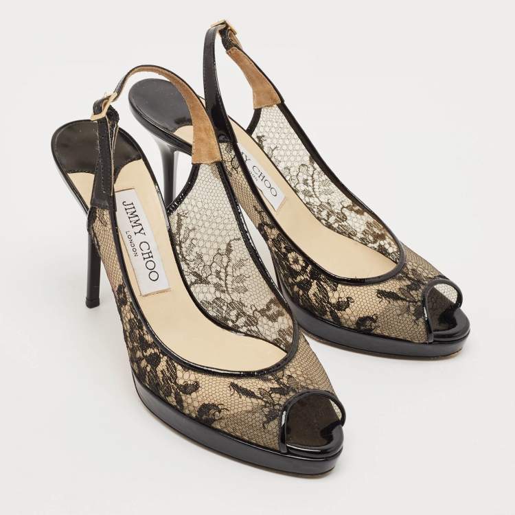 Pre Owned Jimmy Choo Black Lace and Patent Leather Nova Slingback Pumps Size 37
