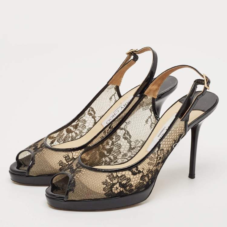 Pre Owned Jimmy Choo Black Lace and Patent Leather Nova Slingback Pumps Size 37