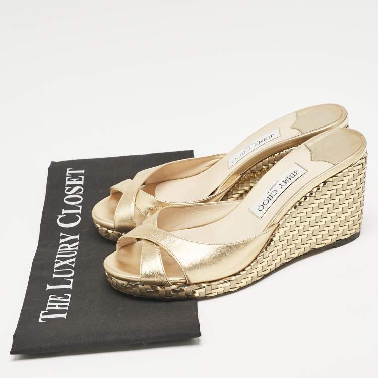 Pre Owned Jimmy Choo Gold Leather Almer Wedge Sandals Size 39.5