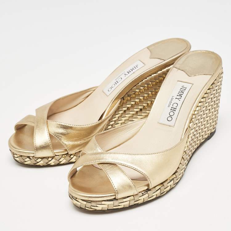 Pre Owned Jimmy Choo Gold Leather Almer Wedge Sandals Size 39.5