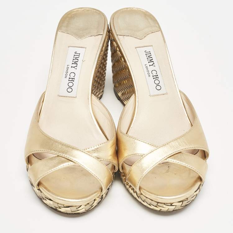 Pre Owned Jimmy Choo Gold Leather Almer Wedge Sandals Size 39.5