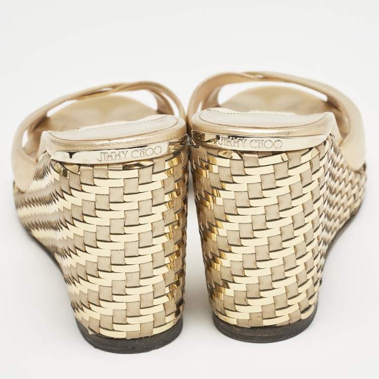 Pre Owned Jimmy Choo Gold Leather Almer Wedge Sandals Size 39.5