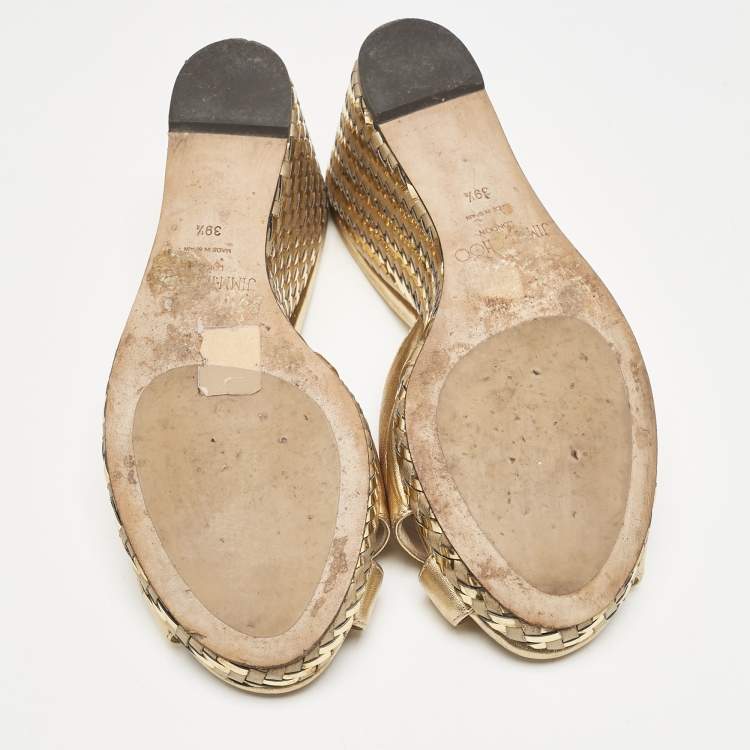 Pre Owned Jimmy Choo Gold Leather Almer Wedge Sandals Size 39.5