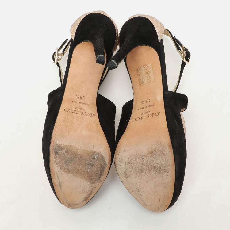 Pre Owned Jimmy Choo Black Suede And Gold Glitter Fabric Round Toe Ankle Strap Platform Pumps Size 38.5