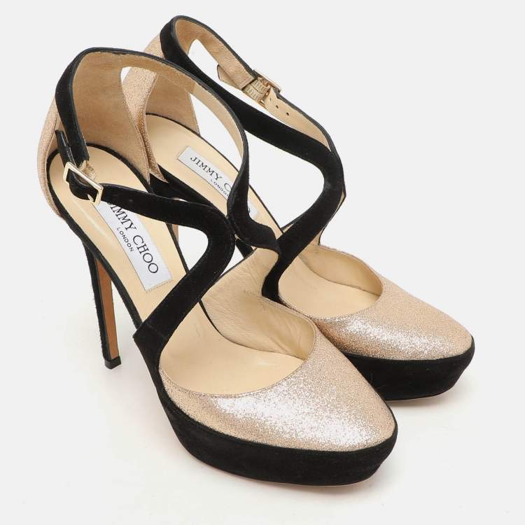 Pre Owned Jimmy Choo Black Suede And Gold Glitter Fabric Round Toe Ankle Strap Platform Pumps Size 38.5