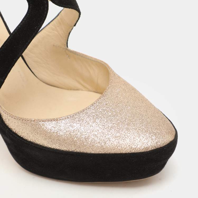 Pre Owned Jimmy Choo Black Suede And Gold Glitter Fabric Round Toe Ankle Strap Platform Pumps Size 38.5