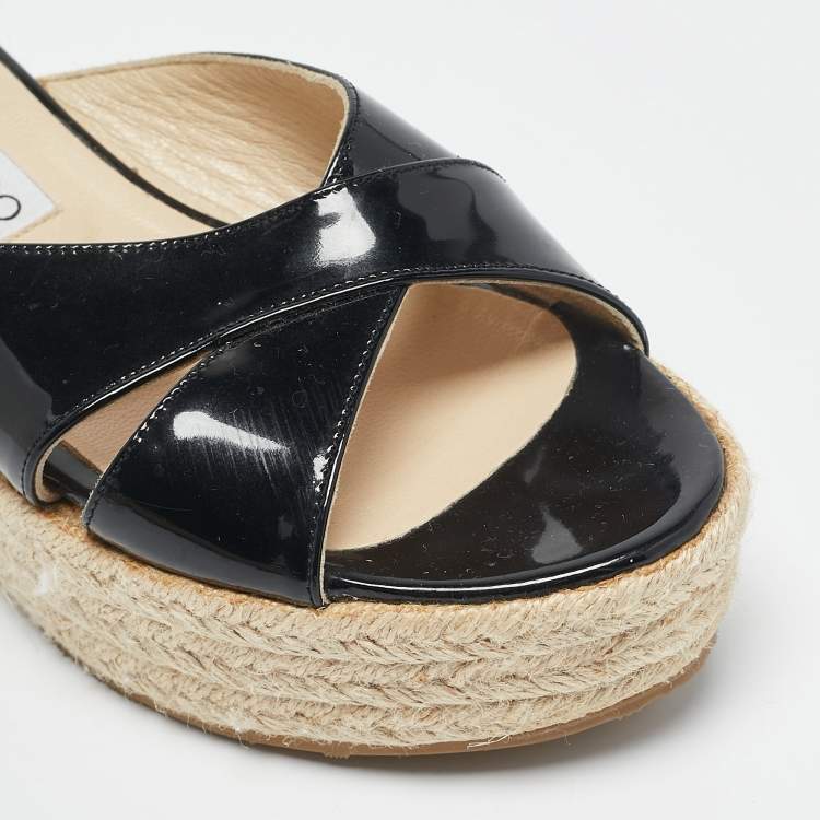 Pre Owned Jimmy Choo Black Patent Leather Phyllis Wedge Espadrille Sandals Size 37.5