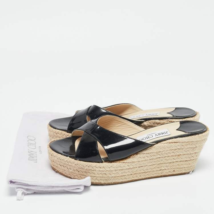 Pre Owned Jimmy Choo Black Patent Leather Phyllis Wedge Espadrille Sandals Size 37.5