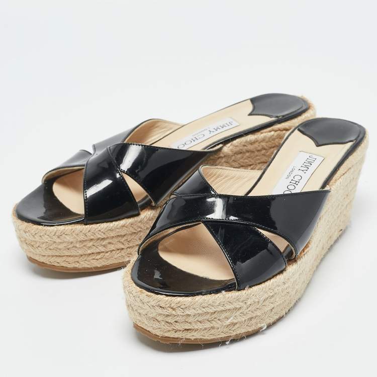 Pre Owned Jimmy Choo Black Patent Leather Phyllis Wedge Espadrille Sandals Size 37.5
