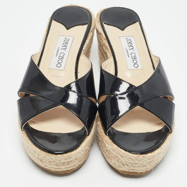 Pre Owned Jimmy Choo Black Patent Leather Phyllis Wedge Espadrille Sandals Size 37.5
