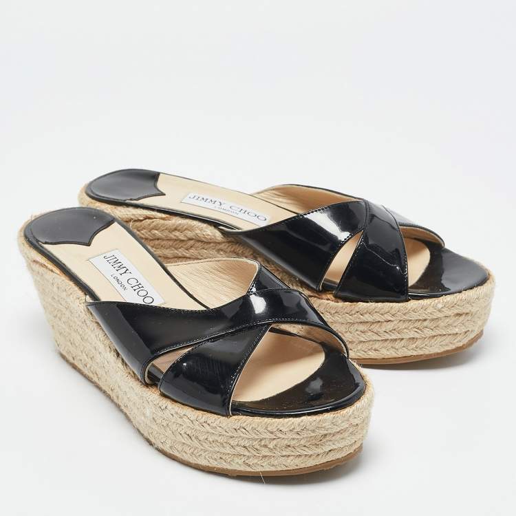 Pre Owned Jimmy Choo Black Patent Leather Phyllis Wedge Espadrille Sandals Size 37.5