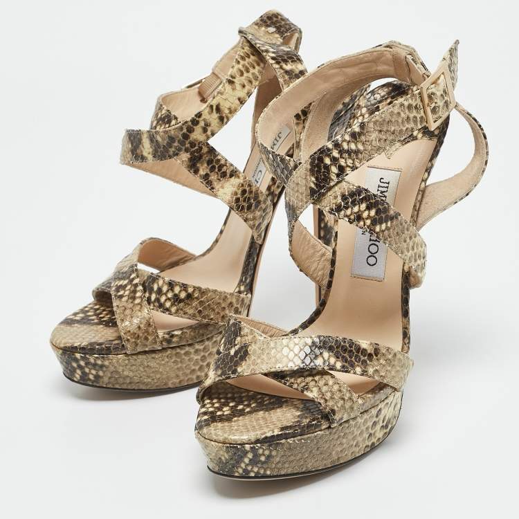 Pre Owned Jimmy Choo Beige/Black Python Embossed Leather Ankle Strap Sandals Size 38.5