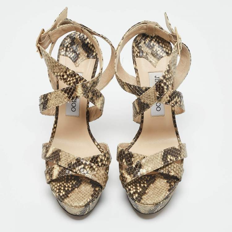 Pre Owned Jimmy Choo Beige/Black Python Embossed Leather Ankle Strap Sandals Size 38.5