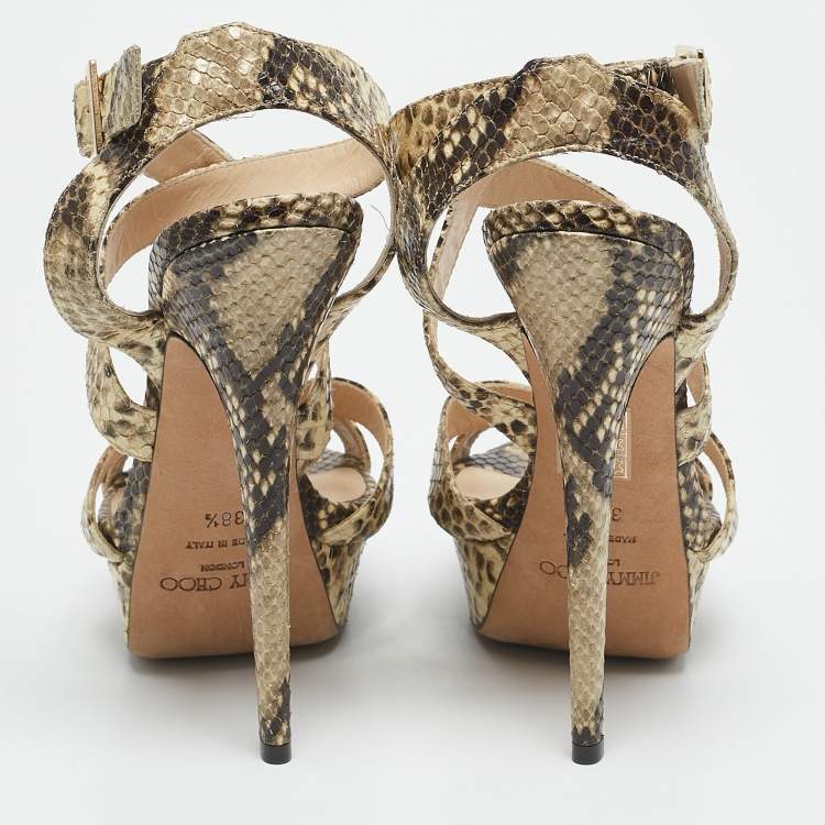 Pre Owned Jimmy Choo Beige/Black Python Embossed Leather Ankle Strap Sandals Size 38.5