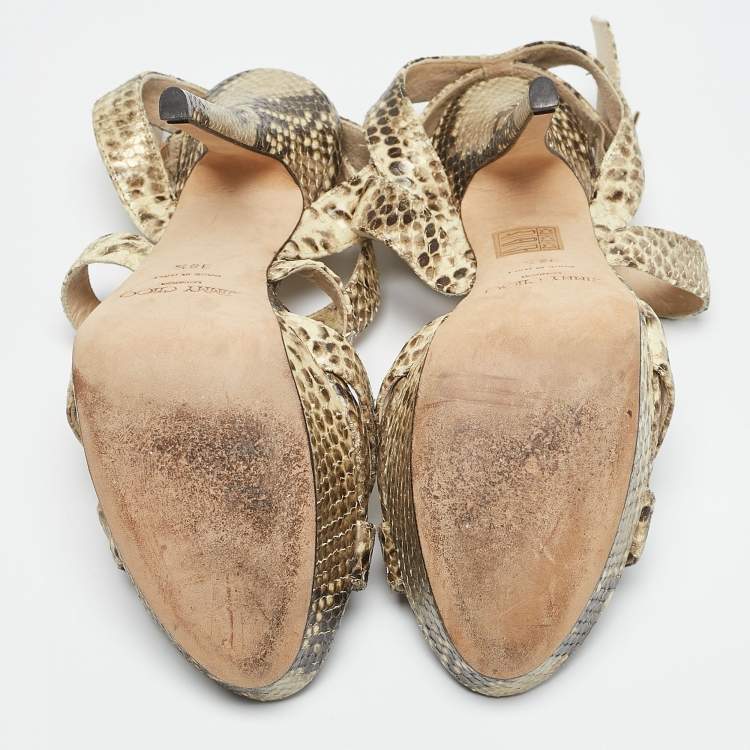 Pre Owned Jimmy Choo Beige/Black Python Embossed Leather Ankle Strap Sandals Size 38.5