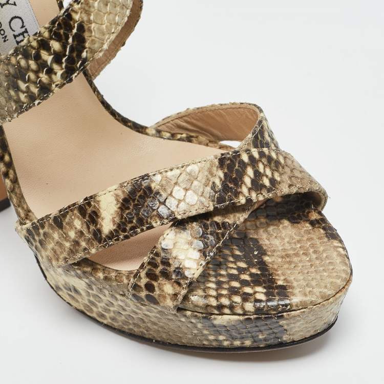 Pre Owned Jimmy Choo Beige/Black Python Embossed Leather Ankle Strap Sandals Size 38.5