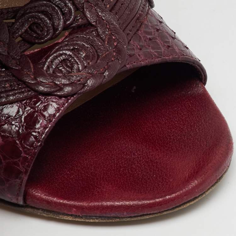 Pre Owned Jimmy Choo Burgundy Braided Leather Java Peep Toe Ankle Boots Size 37.5