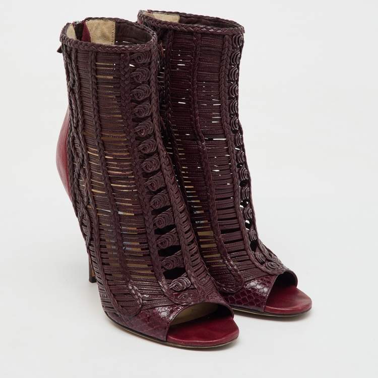Pre Owned Jimmy Choo Burgundy Braided Leather Java Peep Toe Ankle Boots Size 37.5