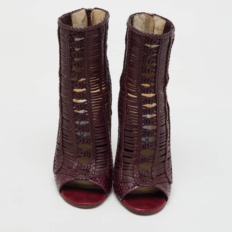 Pre Owned Jimmy Choo Burgundy Braided Leather Java Peep Toe Ankle Boots Size 37.5