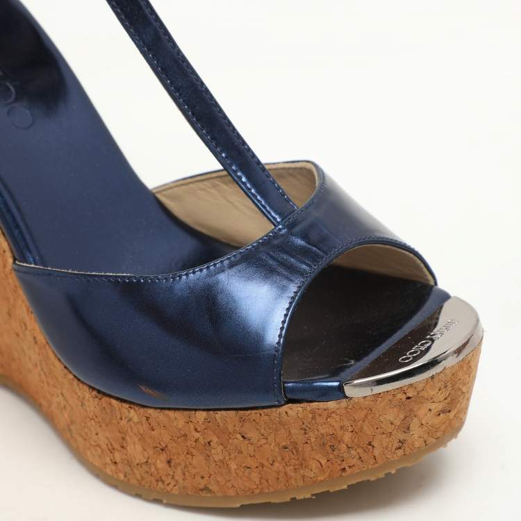 Pre Owned Jimmy Choo Navy Blue Patent Pela Cork Wedge Platform Ankle Strap Sandals Size 37