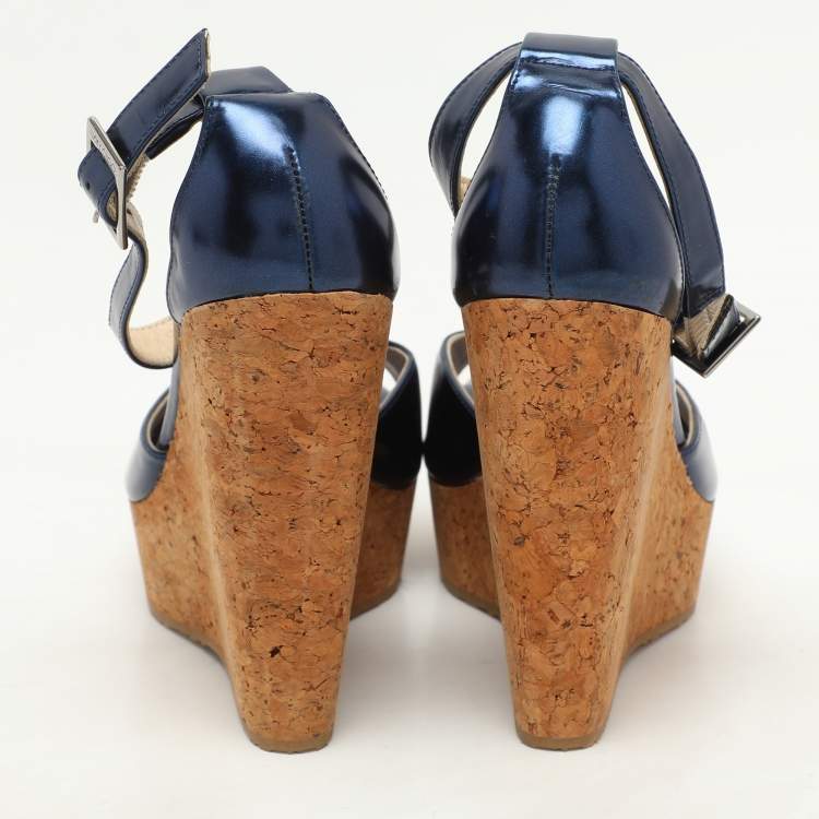 Pre Owned Jimmy Choo Navy Blue Patent Pela Cork Wedge Platform Ankle Strap Sandals Size 37