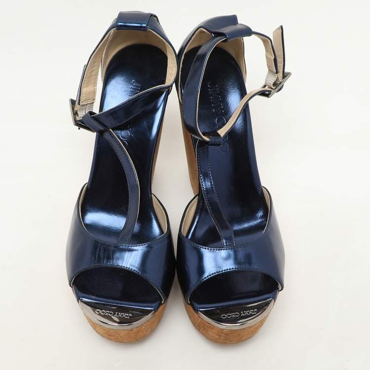 Pre Owned Jimmy Choo Navy Blue Patent Pela Cork Wedge Platform Ankle Strap Sandals Size 37