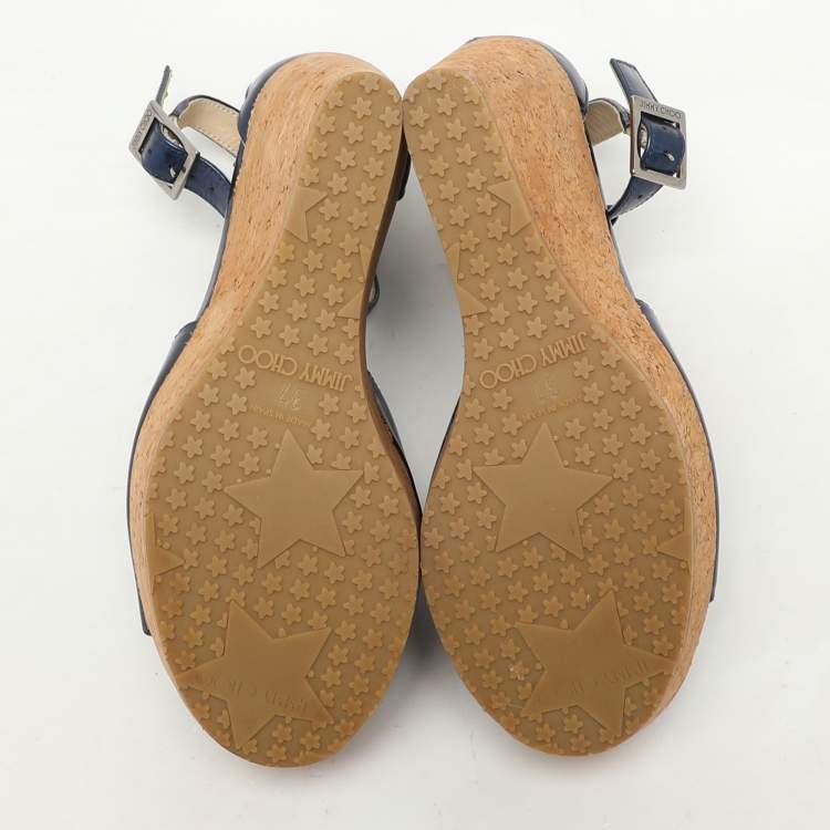 Pre Owned Jimmy Choo Navy Blue Patent Pela Cork Wedge Platform Ankle Strap Sandals Size 37