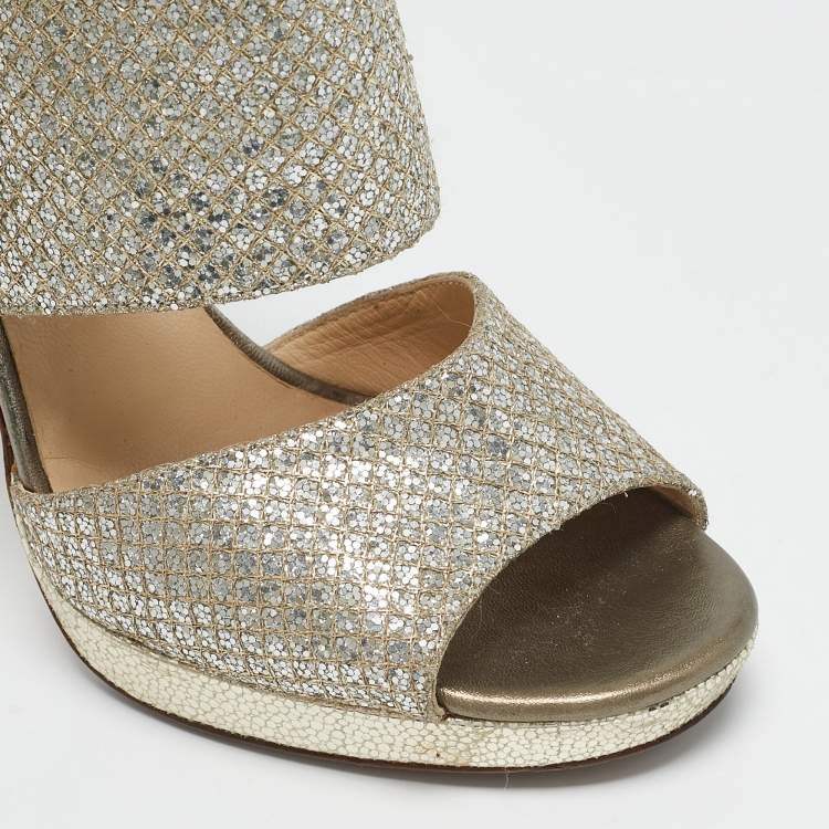 Pre Owned Jimmy Choo Metallic Silver Glitter Private Platform Sandals Size 37