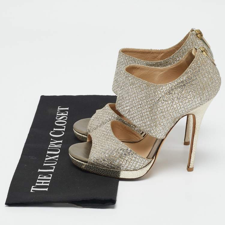 Pre Owned Jimmy Choo Metallic Silver Glitter Private Platform Sandals Size 37