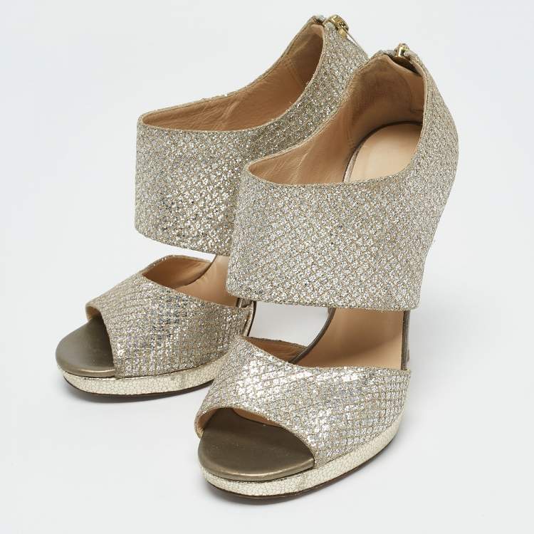 Pre Owned Jimmy Choo Metallic Silver Glitter Private Platform Sandals Size 37