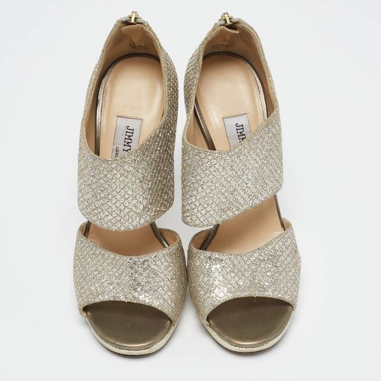 Pre Owned Jimmy Choo Metallic Silver Glitter Private Platform Sandals Size 37