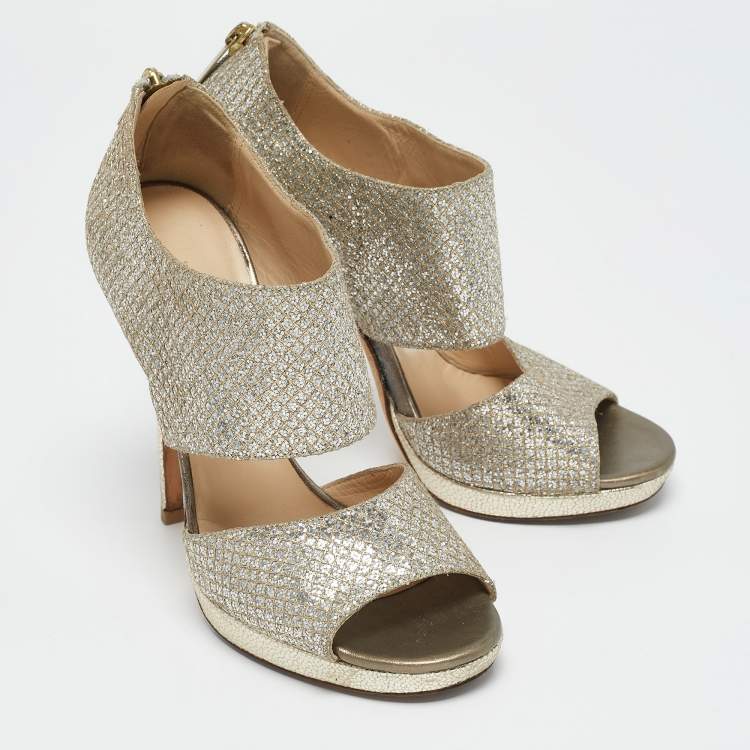 Pre Owned Jimmy Choo Metallic Silver Glitter Private Platform Sandals Size 37